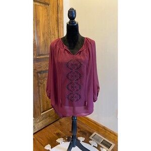 Women’s Burgundy Sheer 3/4 Sleeve Plus Size ? XL 2XL Blouse Top Dressy Elegant